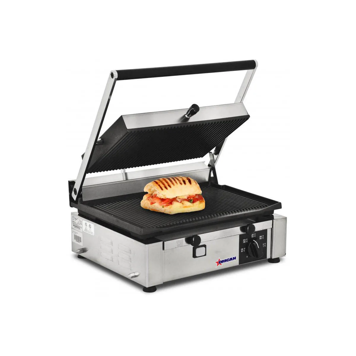 Omcan USA 11377 Single Sandwich Panini Grill w/ 14" x 10" Grooved Plates, 110V