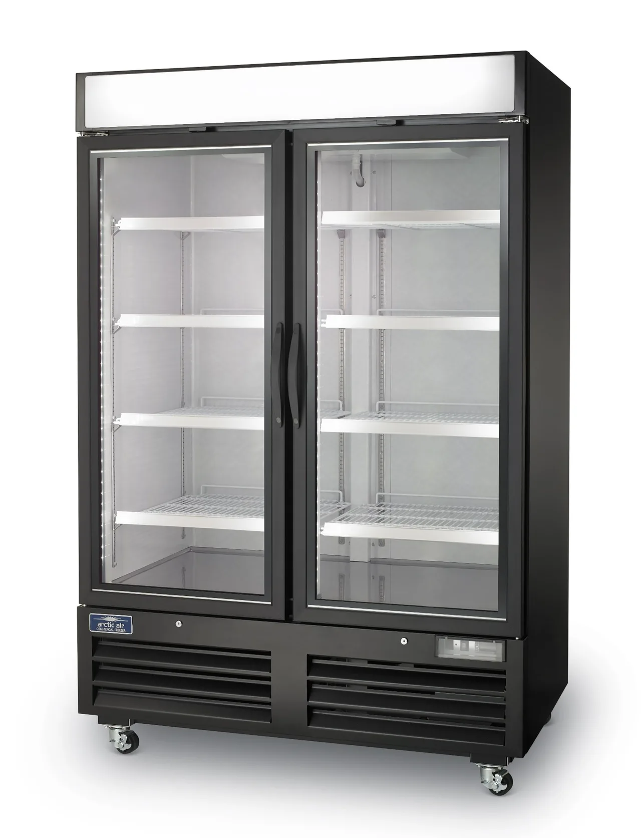 Arctic Air AFGDM49 54" 2‑Section Glass Door Freezer, 49 cu ft, Black Finish, R290, 1 HP, LED Display