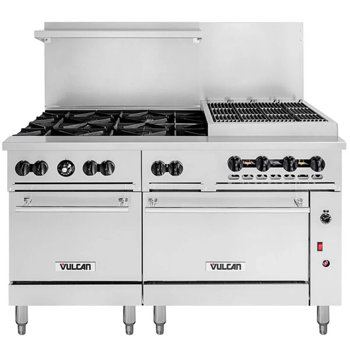 Vulcan 60SC-6B24CBN 60" Natural Gas Restaurant Range w/ (6) Open Burners, 24" Charbroiler Right, (1) Standard Oven, (1) Convection Oven, 302.000 BTU