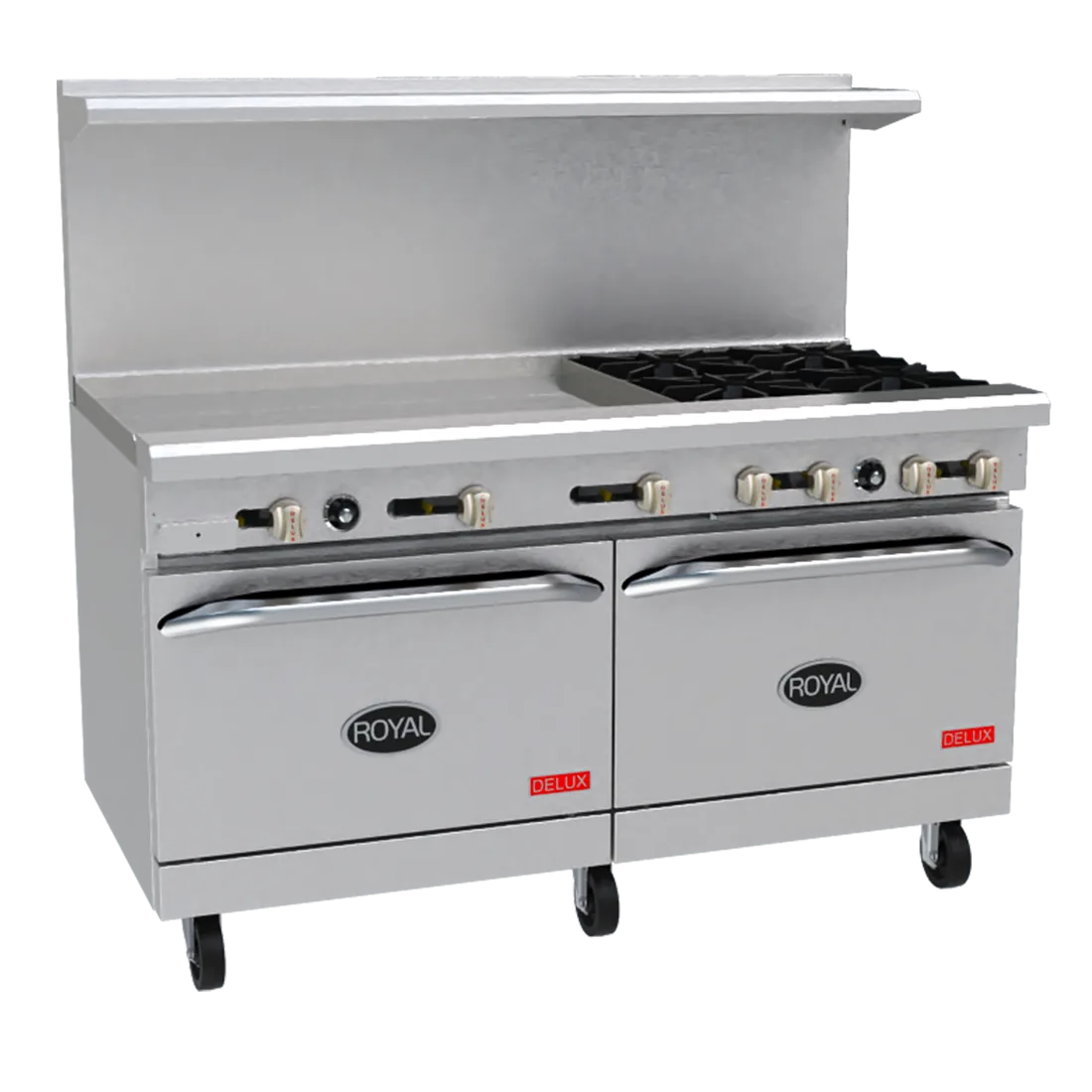 Royal Range of California RDR-4G36-CC 60" Gas Restaurant Range w/ (4) Open Burners, 36" Griddle, (2) Convection Ovens, 240.000 BTU