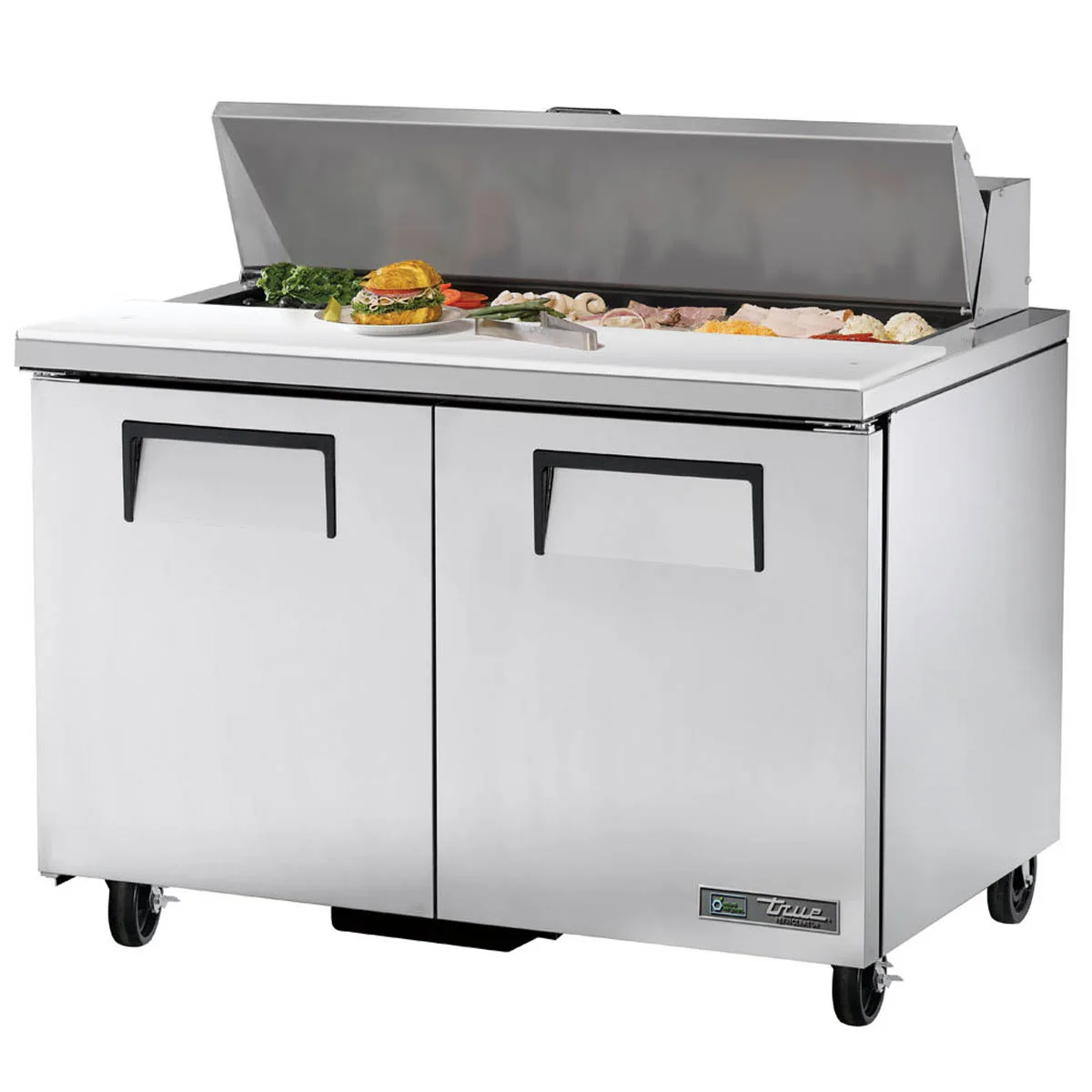 True TSSU-48-12-HC 48" Two Section Sandwich / Salad Prep Table w/ 2 Doors, 12 Pans