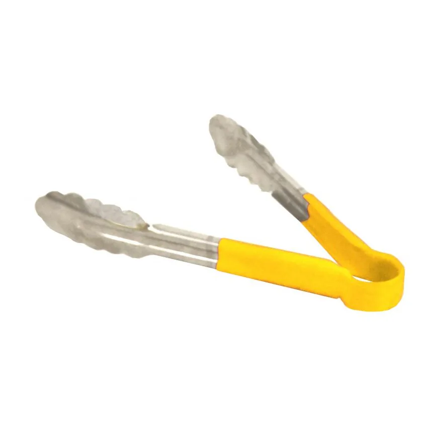 Omcan USA 80542 Utility Tongs – 9" Stainless Steel with Yellow Plastic Coated Handle