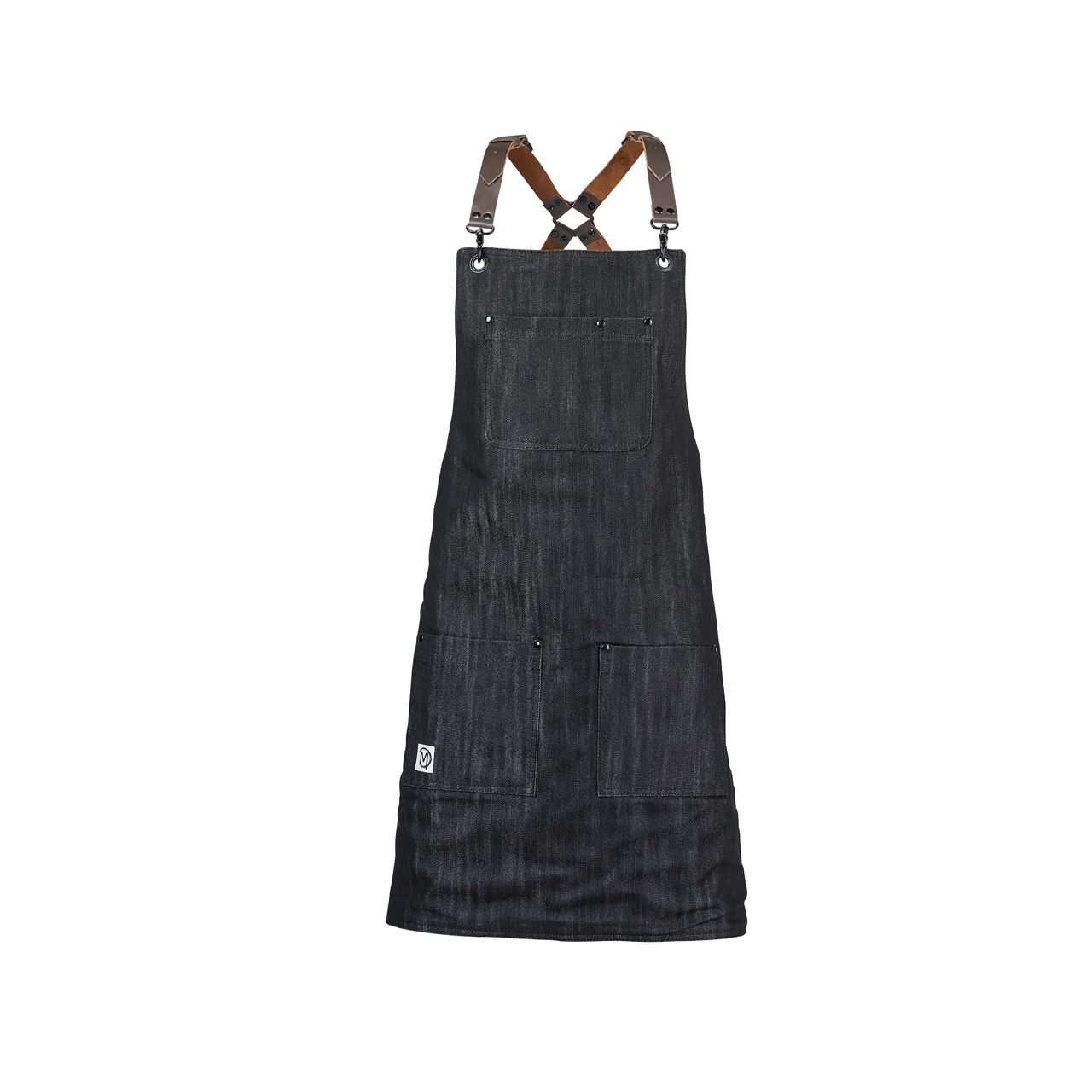 Mercer M63208DENBR Bib Apron – 25" x 30½" black cotton denim, leather straps, metal closures, 5 pockets, adjustable