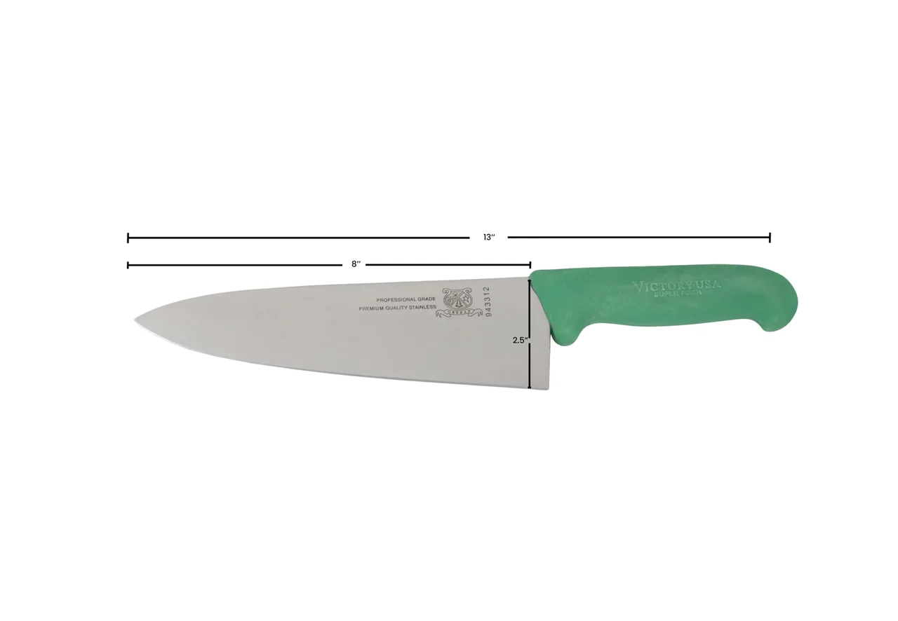 Omcan USA 23875 Chef Knife - 8" Stamped Steel Blade, Green Plastic Handle, 7"-9" Length, Cutlery