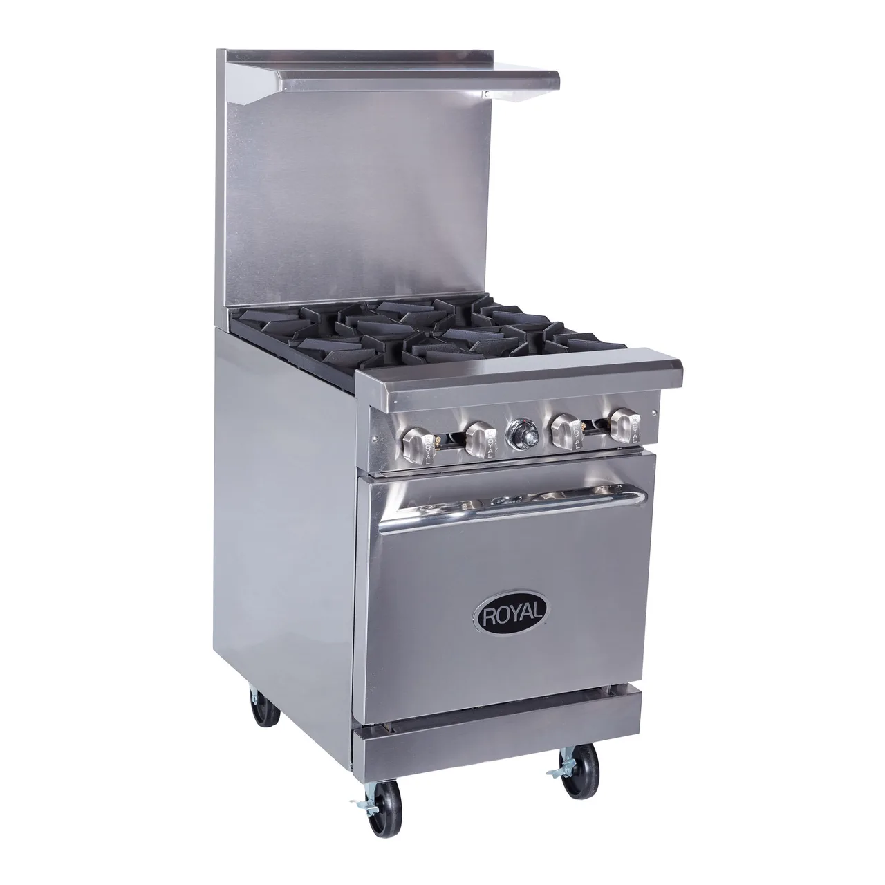 Royal Range of California RR-4SU 24" Gas Restaurant Range, (4) Open Burners w/ (2) Step-Up, (1) Space Saver Oven, 147.000 BTU