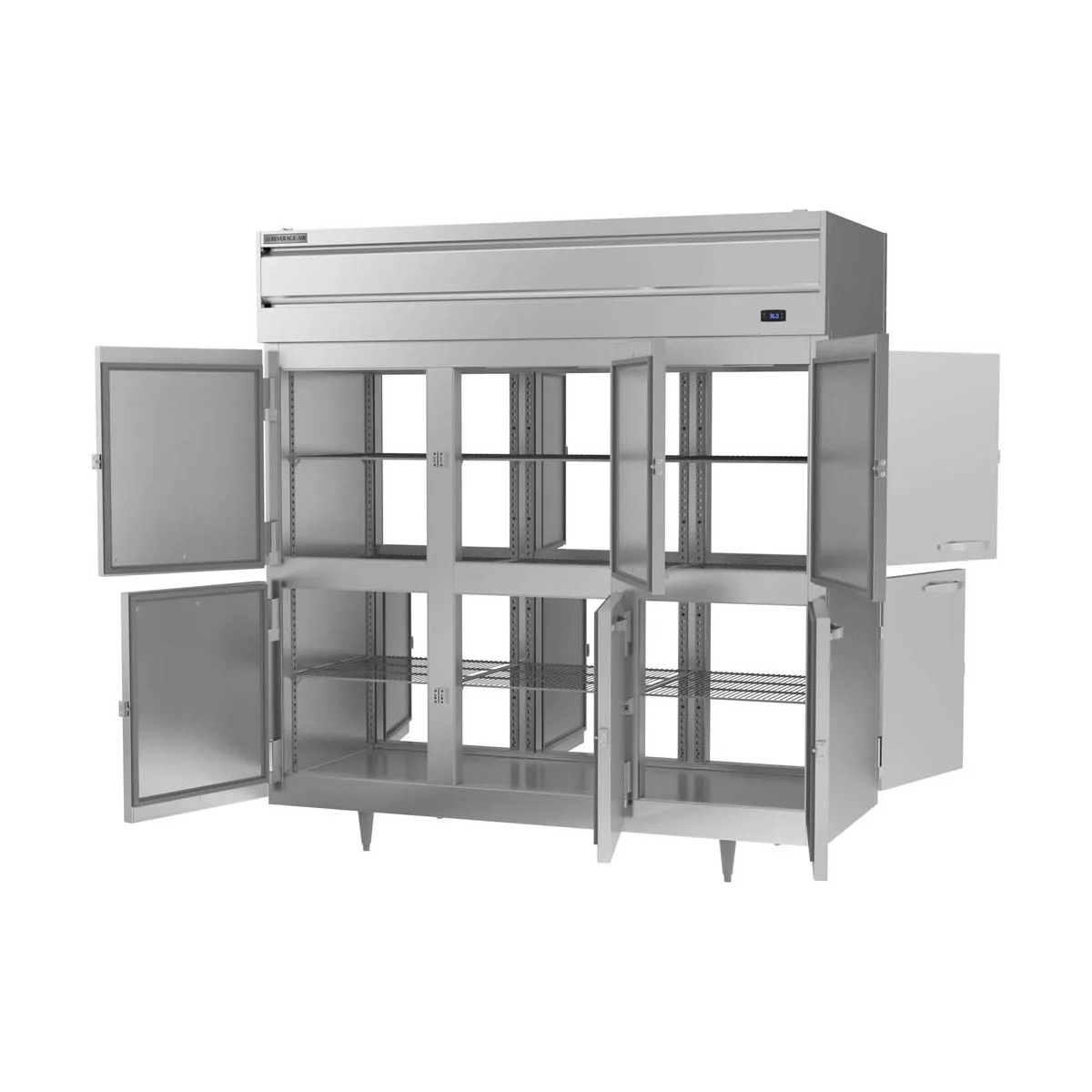 Beverage Air PRD3HC-1AHS 78" 3-Section Pass-Thru Refrigerator w/ 12 Solid Half-Doors, Top Mounted, 74 cu. ft.