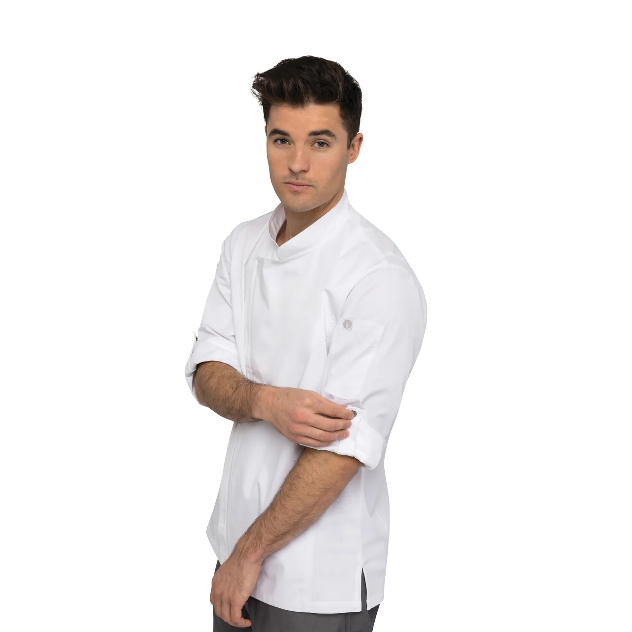 Chef Works BCLZ008-WHT-M Chef Coat, Medium White, Poly Cotton Twill, Roll‑Up Sleeves, Zipper