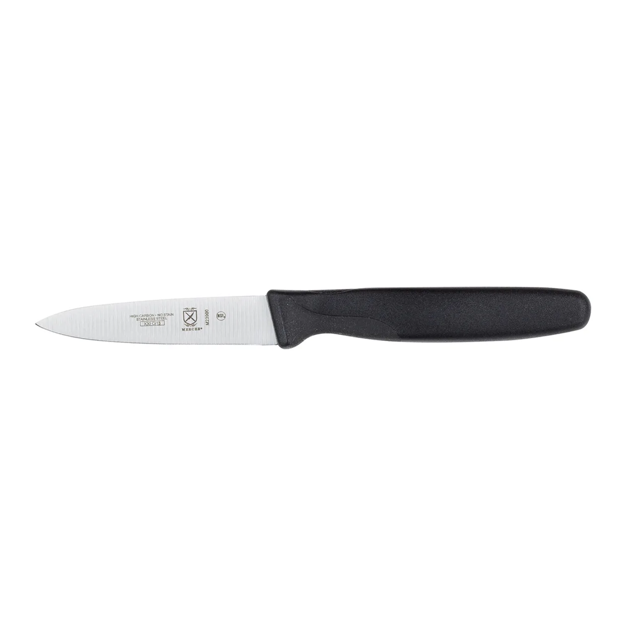 Mercer M23900P Paring Knife, 3" Spear‑Point, Stamped Steel Blade, Black Santoprene Handle, NSF