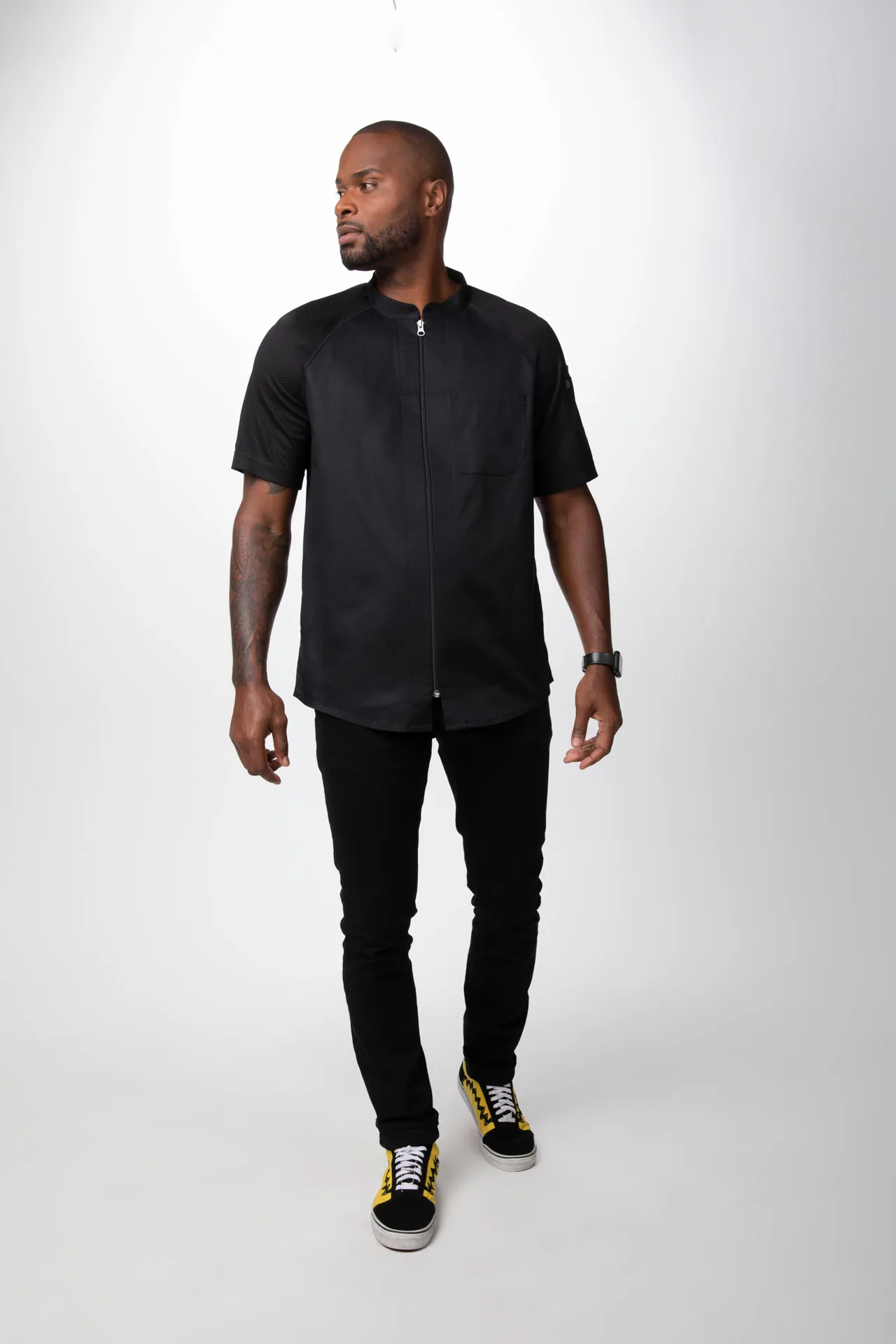 Chef Works CBZ04-BLK-L Arcadia Chef Coat, Black, Large, 62/38 Poly/Cotton, 100% Recycled Polyester - 1/Case