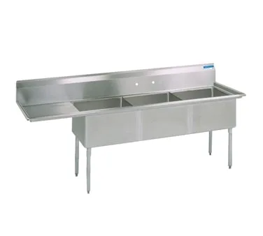 BK Resources BKS-3-1824-14-24L 80" Three Compartment Sink, 18"W x 24"L Bowl w/Left-Hand Drainboard