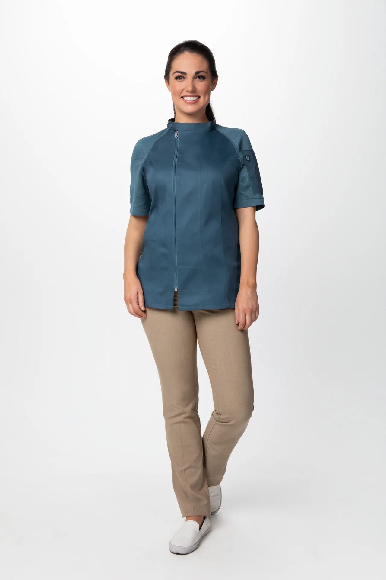Chef Works CBZ03W-TEA-XL Chef Coat, Short‑Sleeve, Teal Mesh, 62/38 Poly/Cotton, XL - 1/Each