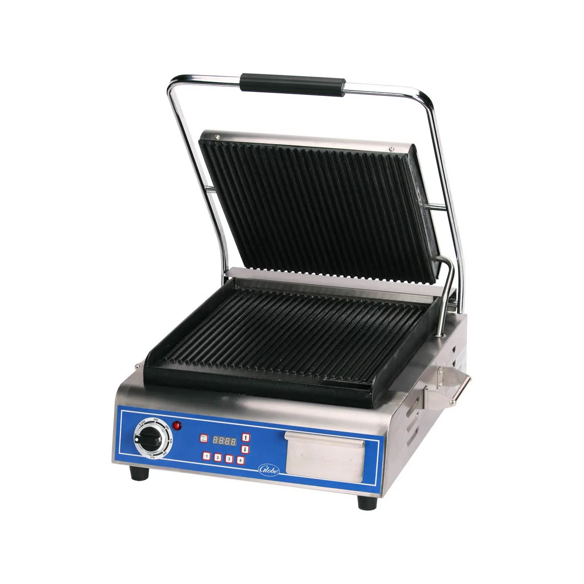 Globe GPG14D 22" Sandwich Panini Grill w/ Timer, 14" x 14" Grooved Plates, 120V