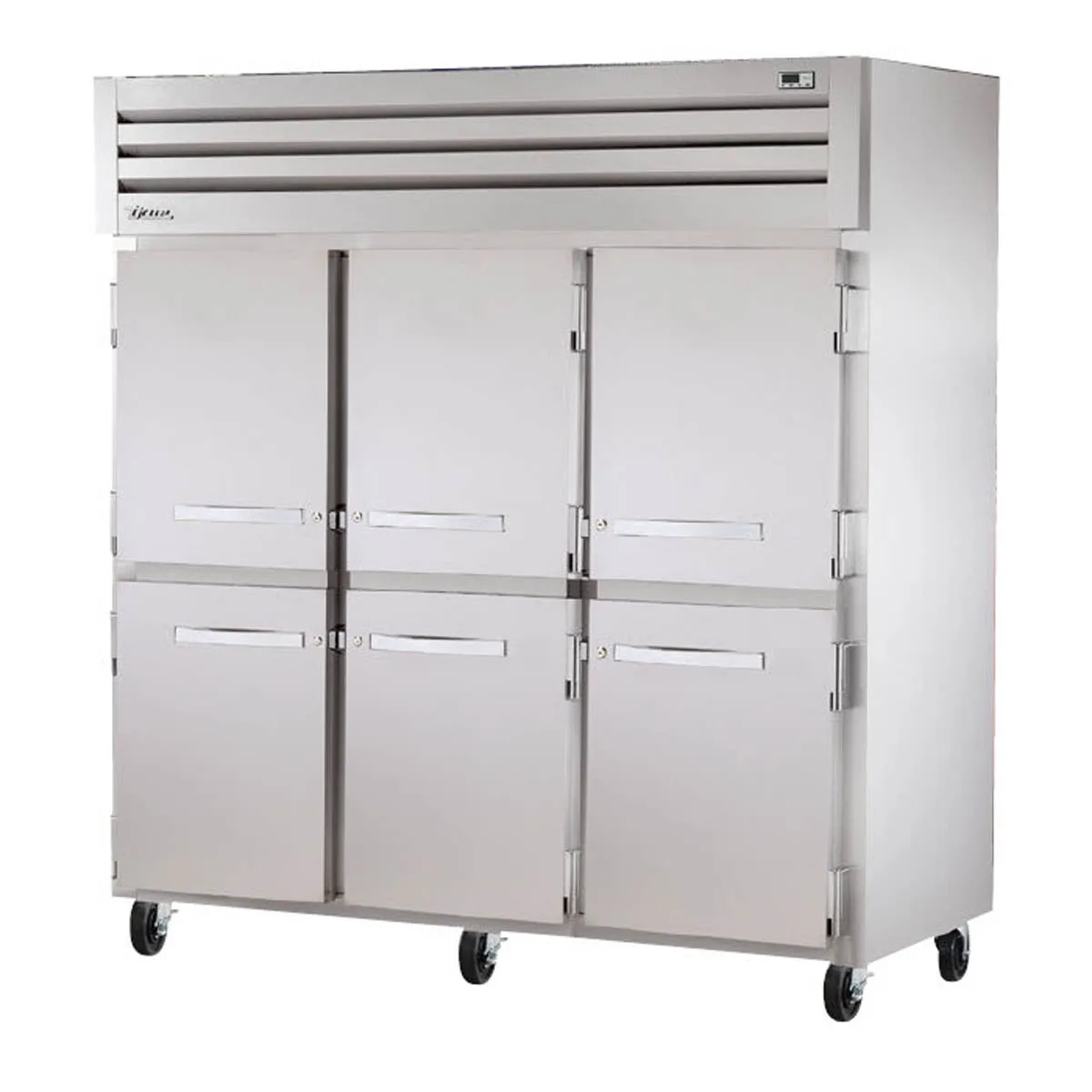 True STG3F-6HS-HC 77.75" 3-Section Reach-In Freezer, 6 Half Doors, Top Mounted, 72 cu. ft., Stainless Steel Front, Aluminum Sides
