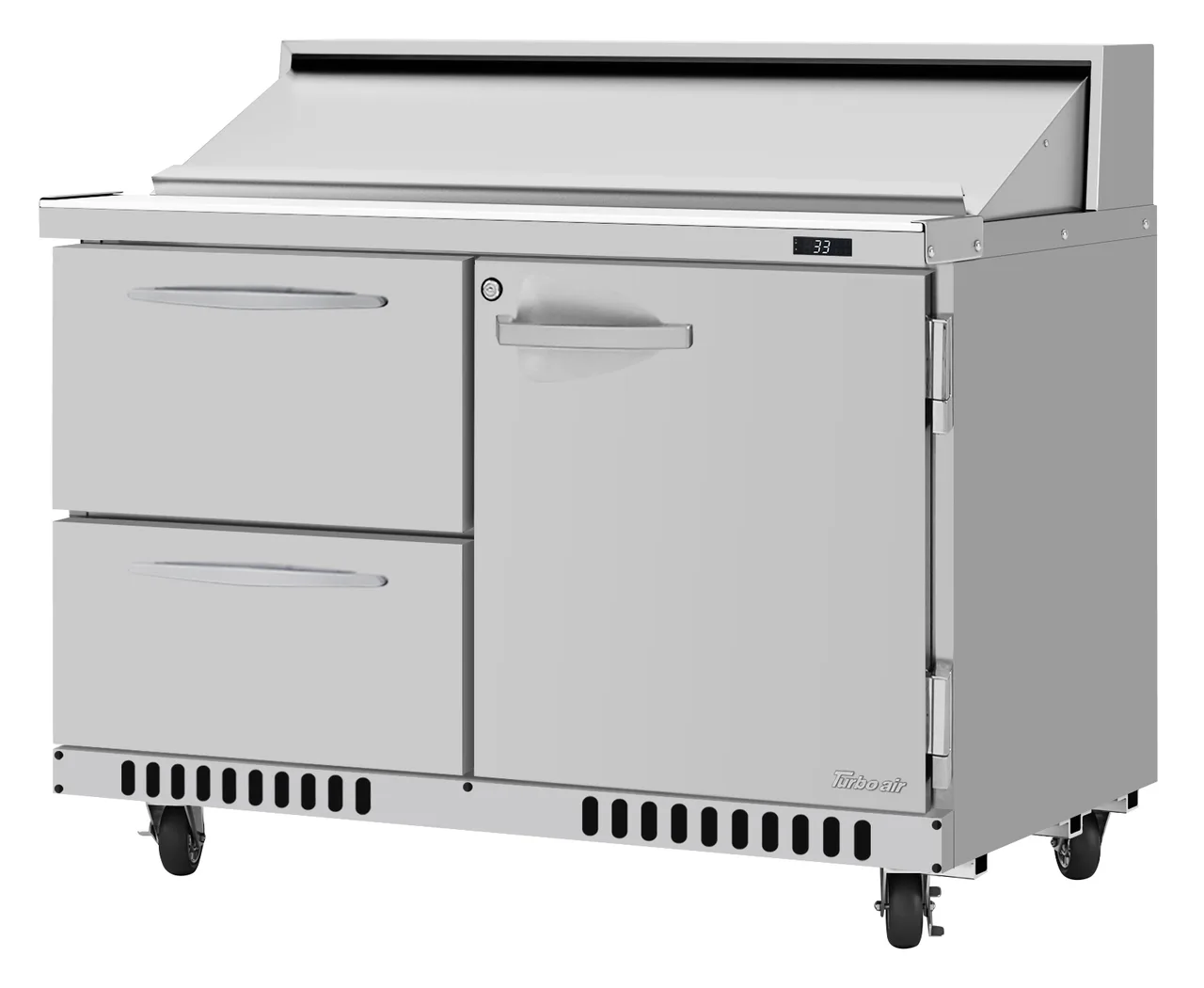 Turbo Air PST-48-D2R(L)-FB-N 48" 1-Door & 2-Drawer Sandwich and Salad Prep Table, Front Breathing, 12 Pans, Stainless Steel
