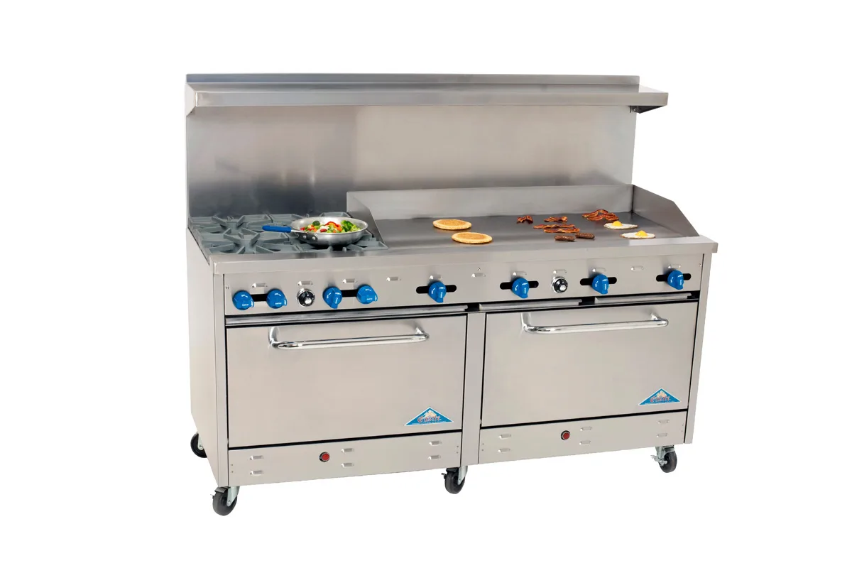 Comstock-Castle 2F330-48 72" Gas Restaurant Range w/ (4) Open Burners, (1) 48" Griddle, (2) Standard Ovens, 264.000 BTU