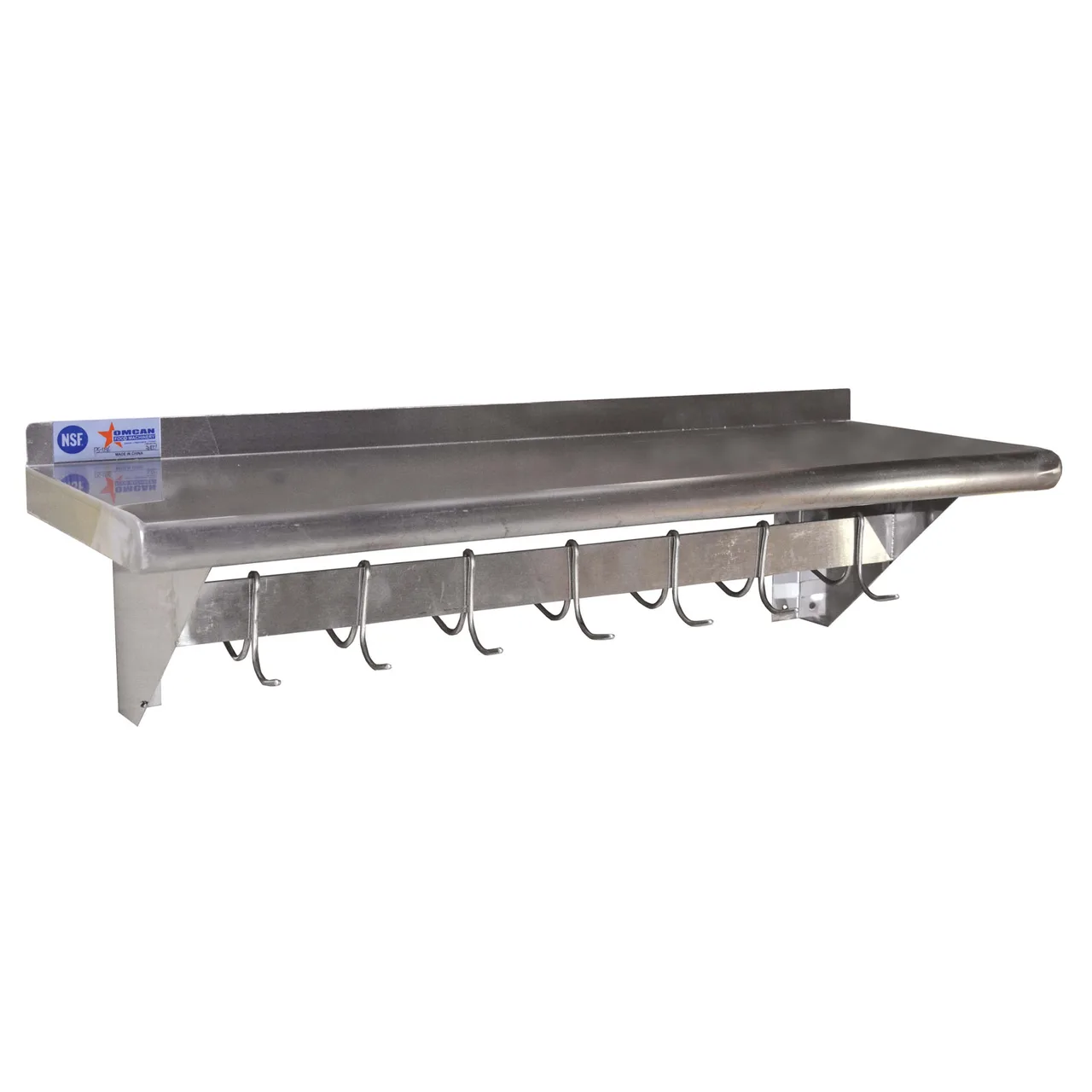 Omcan USA 31852 Wall-Mounted Pot Rack Overshelf, 12" x 48", Stainless Steel, 9 Hooks, 37-48" Width, NSF
