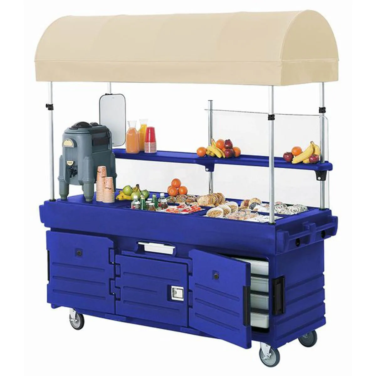 Cambro KVC854C186 CamKiosk Polyethylene Navy Blue Vending Cart w/ 4 Pan Wells and Canopy