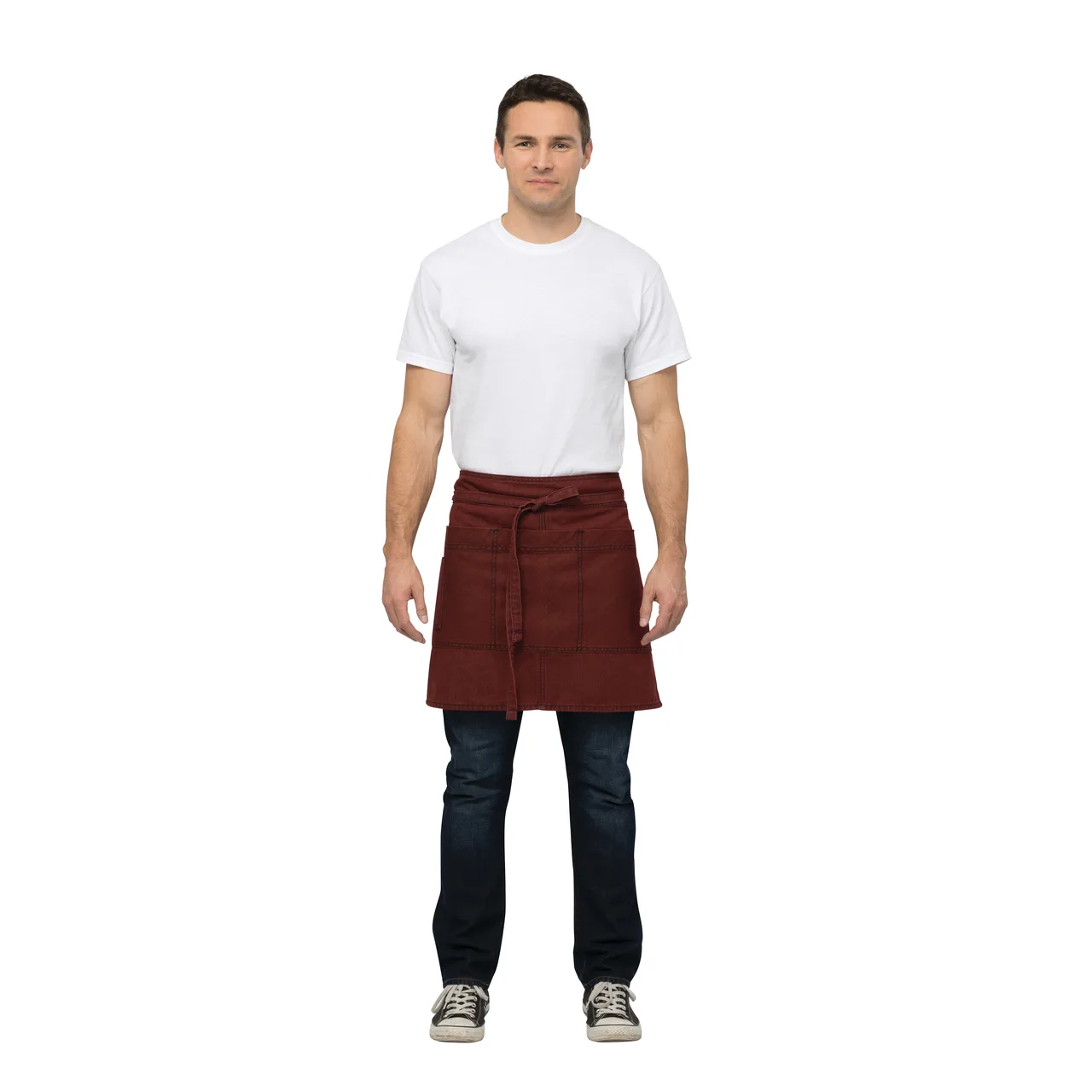 Chef Works AHN01-RNA-0 Waist Apron, 12"L x 23"W, 4 Pockets, Red/Navy, 75/25 Cotton/Poly Denim