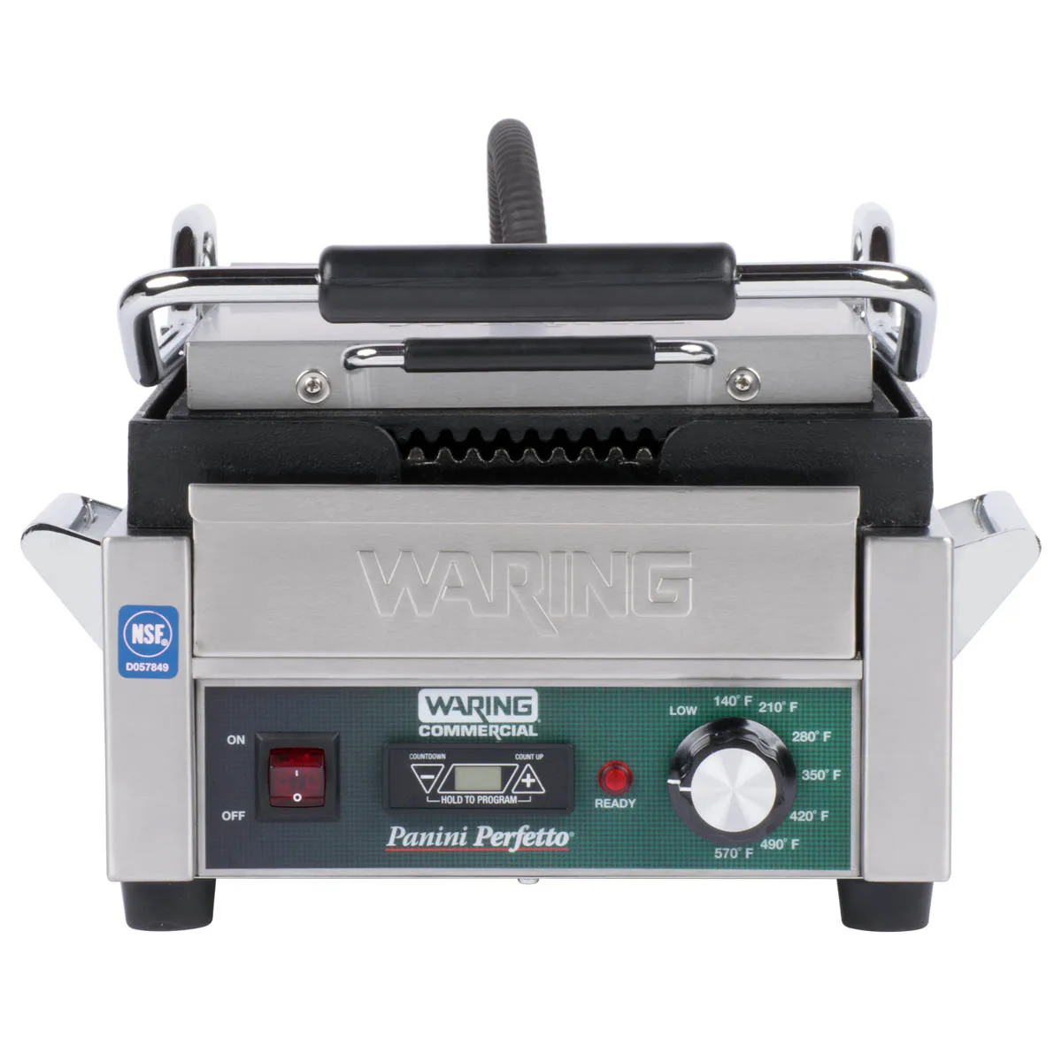 Waring WPG150TB Single Cast Iron Sandwich Panini Grill w/ Timer, 9" x 9" Grooved Plates, 208V
