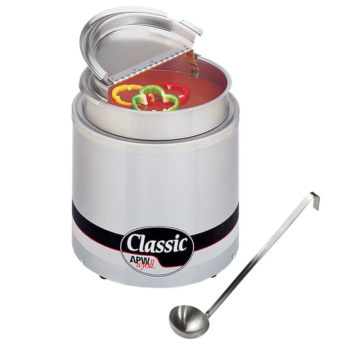 APW Wyott RW-2V-SP Round 11 Qt. Countertop Warmer with Inset, Hinged Lid & Ladle