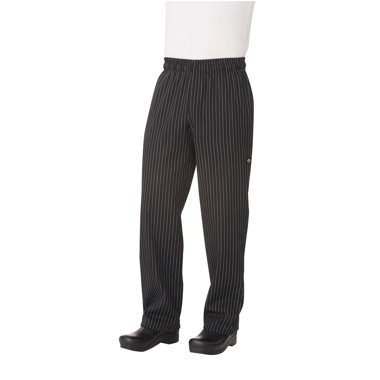 Chef Works PINB-000-3XL Baggy Chef Pants, 3XL Black Pin Stripes, Poly/Cotton, Waistband, Pockets