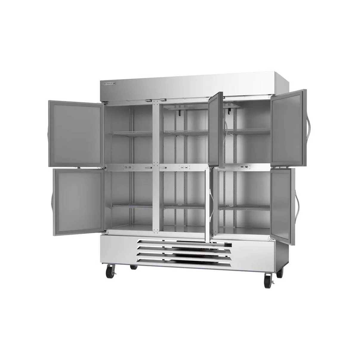 Beverage Air HBF72HC-5-HS 75" 3-Section Reach-In Freezer, 6 Half Solid Doors, Bottom Mount, 68.43 cu. ft., Stainless Steel