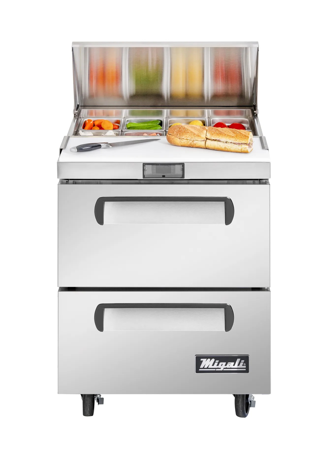 Migali C-SP27-8-D-HC 27" 1-Section Sandwich Prep Table w/ 2 Drawers, 8 Pans, Stainless Steel