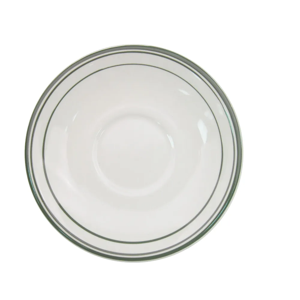 CAC China GS-2 Greenbrier Round Saucer, 6" Dia x 1" H, Stoneware Ceramic, Green Band/American White, Dishwasher Safe - 1 Dozen
