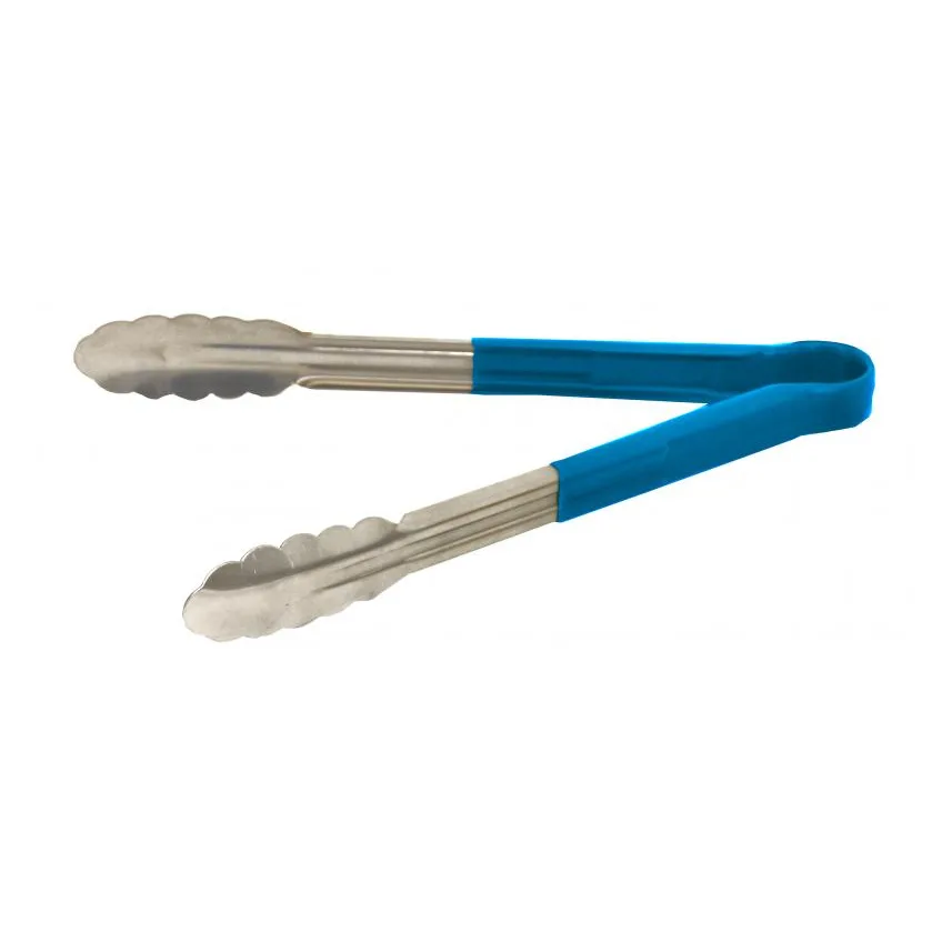 Omcan USA 80543 Utility Tongs, 9" Stainless Steel with Blue Plastic Coated Handle