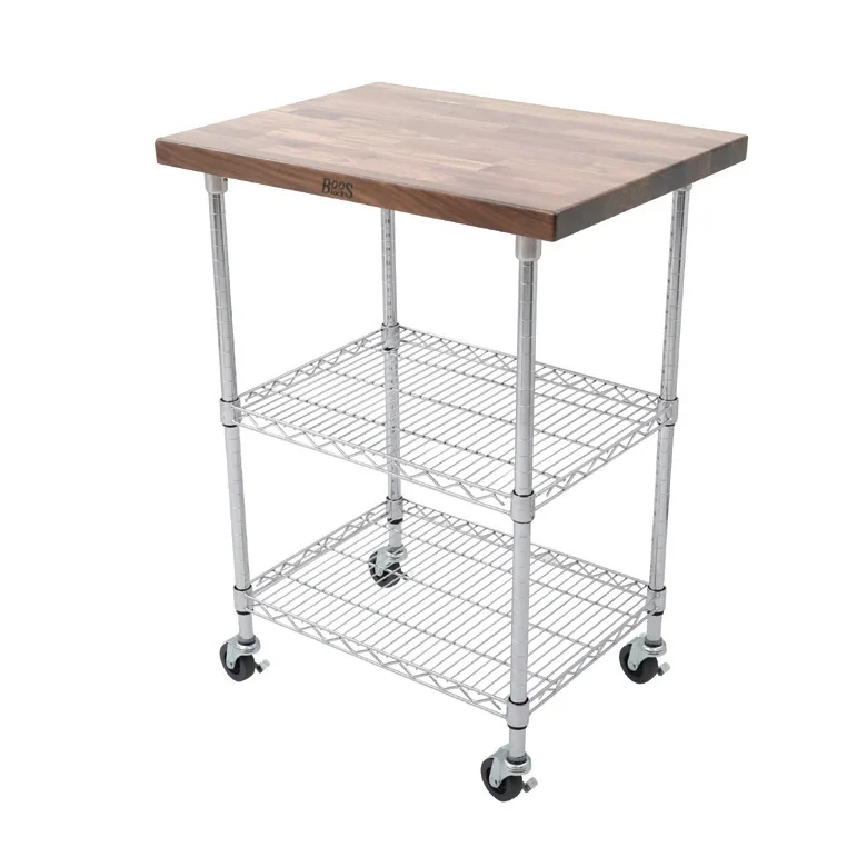 John Boos MET-WWC-2-X 33" Metropolitan 2-Shelf Chrome Wire Utility Cart w/ Walnut Wood Top