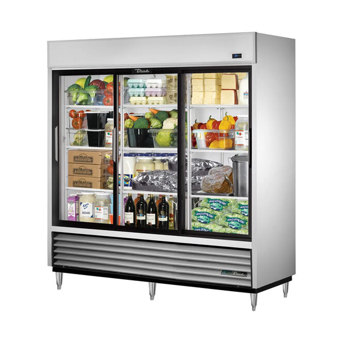 True TSD-69G-HC-LD 78" 3-Section Reach-In Refrigerator w/ 3 Sliding Glass Doors, Bottom Mount, Stainless Steel Front-Aluminum Sides