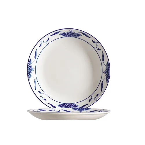 CAC China 103-21C Blue Lotus Plate, 12" Round Coupe Porcelain, Blue/White, Dishwasher Safe - Dozen