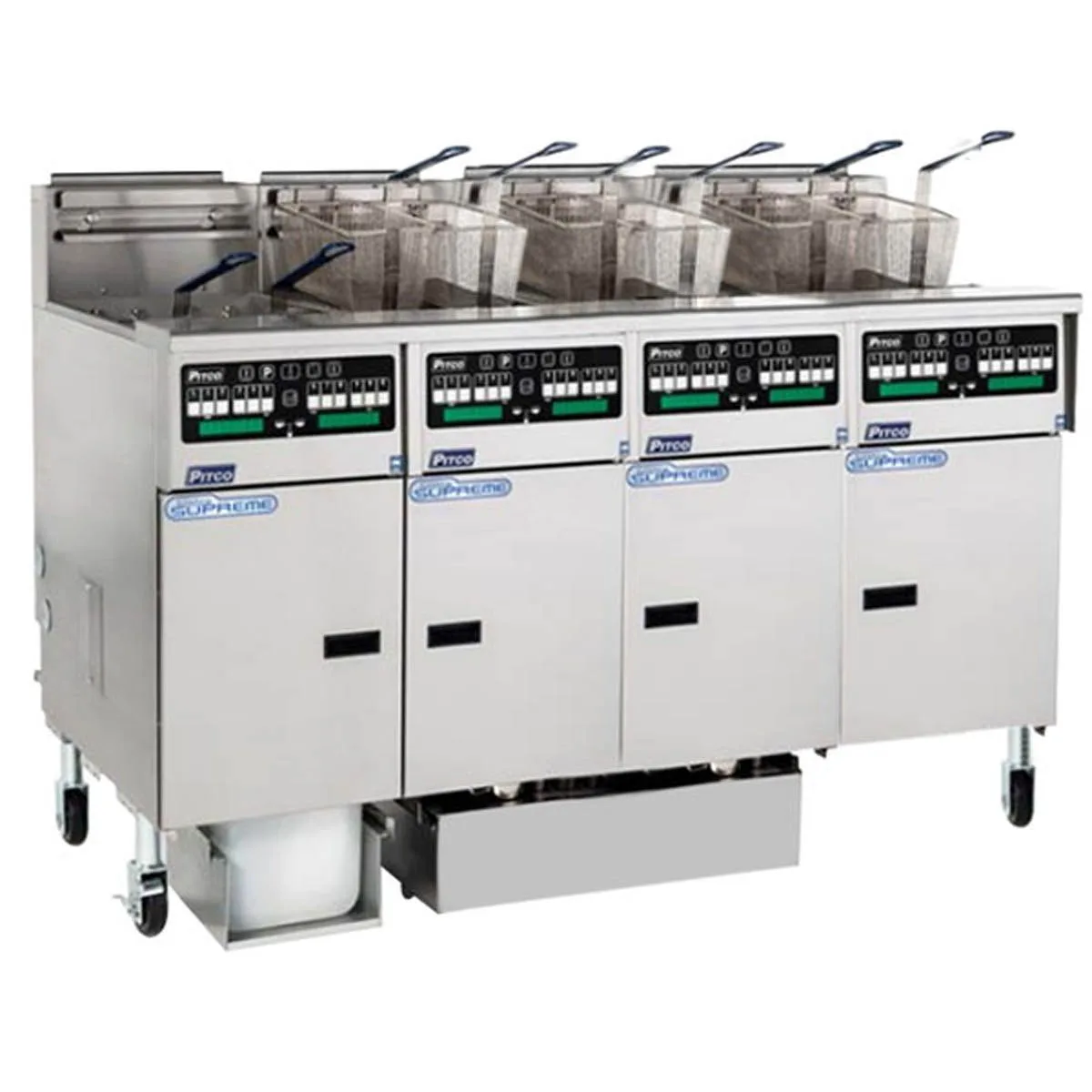 Pitco SELV14C-4/FD Multiple Battery Electric Floor Fryer w/ (4) 30-Lb. Vats, Computer Controls