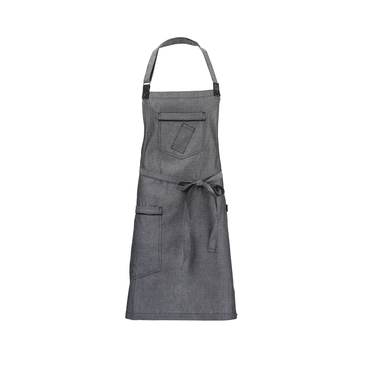 Mercer M63200BKD Metro Edge Bib Apron, 30.75" x 34.25" with 43" ties, black 100% cotton denim, pockets, leather holder