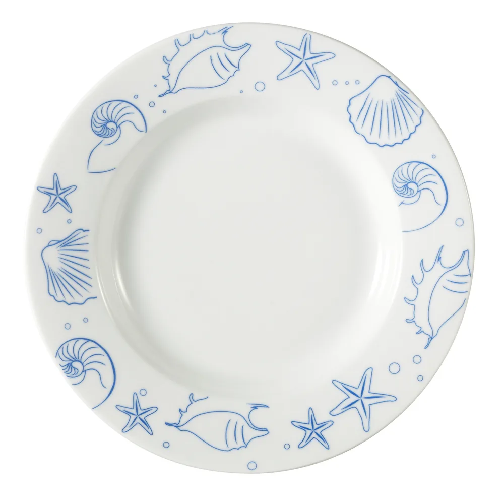 CAC China ATC-120 Seashell Pasta Bowl, 12" Diameter, 22 oz, Porcelain, Blue Rim, White - 1 Dozen
