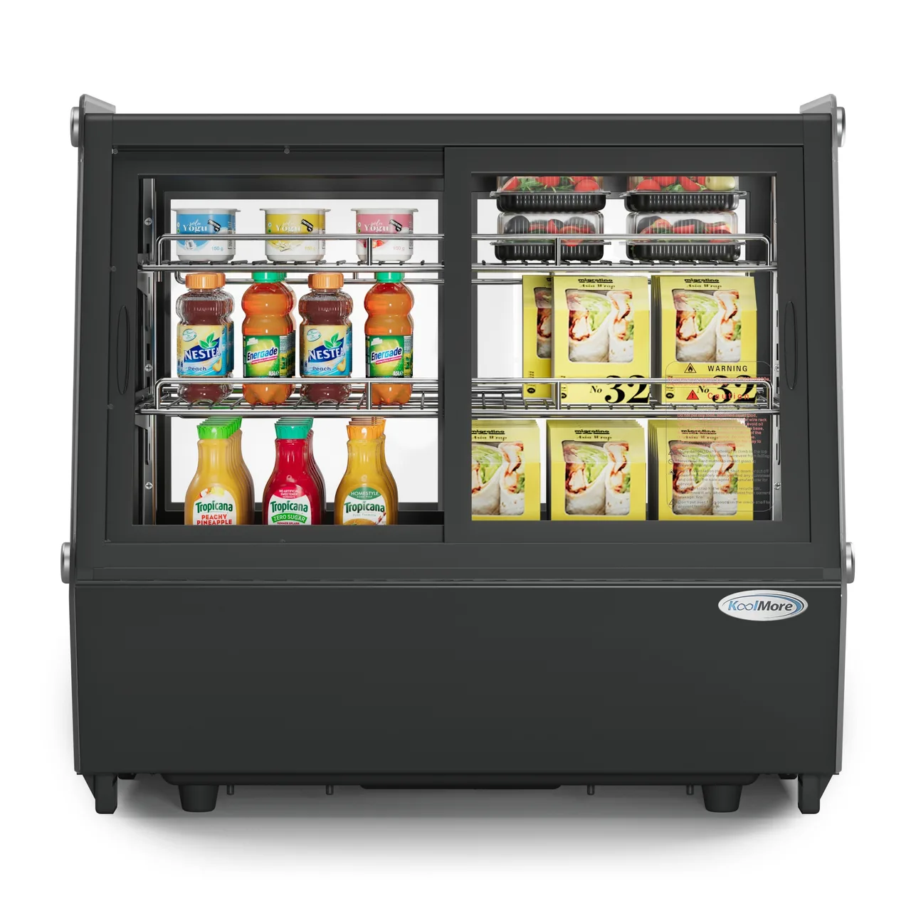 Koolmore CDC-125-BK Countertop Case, 28" Black, Glass Doors, Temp 32°‑53°F, LED, AutoDefrost,2‑Shelf