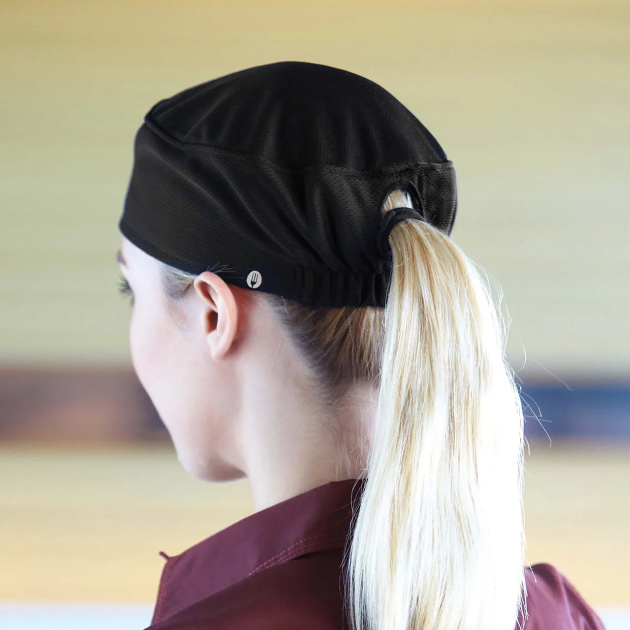 Chef Works DFAOW-BLK-0 Beanie, Cool Vent, Ponytail, 100% Polyester, Black, Size 0-S/M