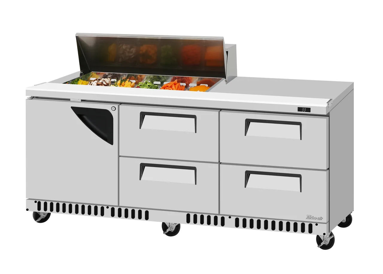 Turbo Air TST-72SD-12S-D4R(L)-FB-N(-LW) 72" Sandwich and Salad Prep Table, 4 Drawers & 1 Door, 12 Pans, Stainless Steel