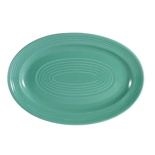 CAC China TG-34-G Platter, 9-5/8" L x 6-1/2" W x 1" H, Oval Green Porcelain, Embossed Rim - Dozen
