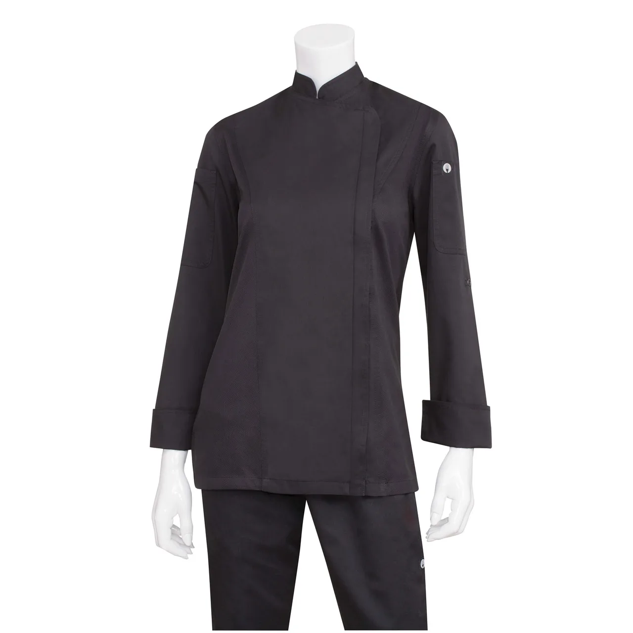 Chef Works BCWLZ005-BLK-L Women Chef Coat L Black 65/35 Twill Roll‑Up Sleeves CoolVent 2‑Way Zipper