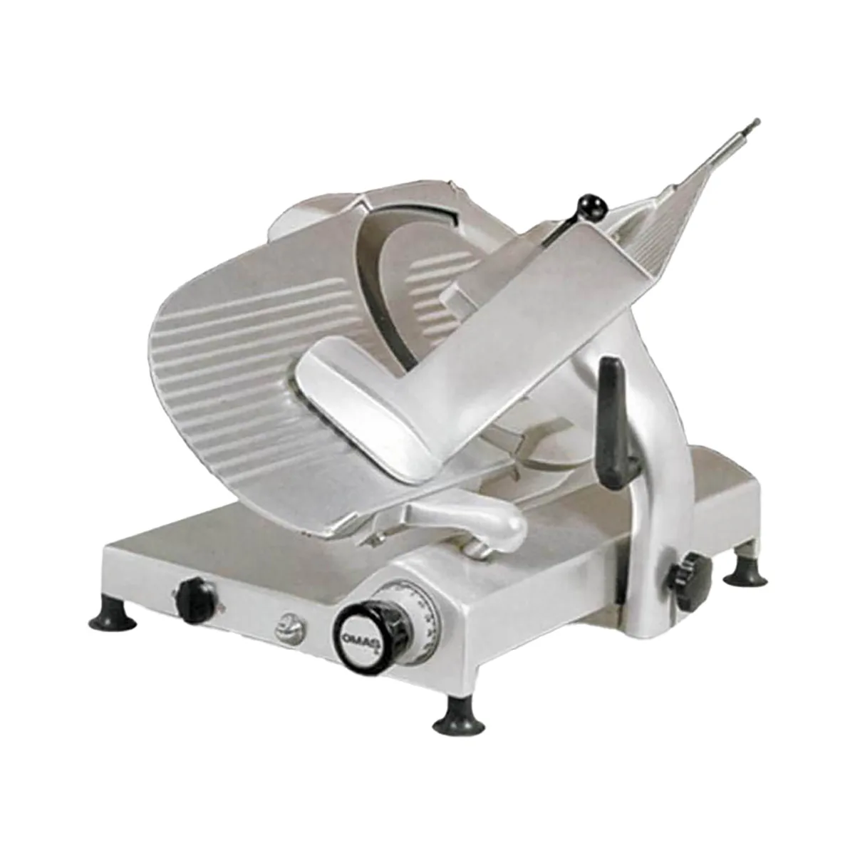 Omcan USA 13641 - Meat Slicer, 12" Carbon Steel Blade, Gear-Driven, Gravity Feed, 1/3 HP, 110V, Anodized Aluminum Body