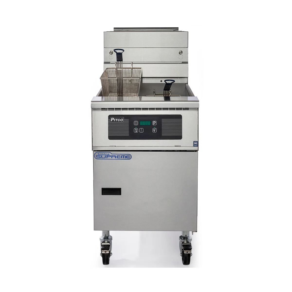 Pitco SSH75-4FD 34" Floor Model Gas Deep Fryer, Full Pot, NG/LP, 75 Ibs Capacity, 420,000 BTU, Filter Drawer System
