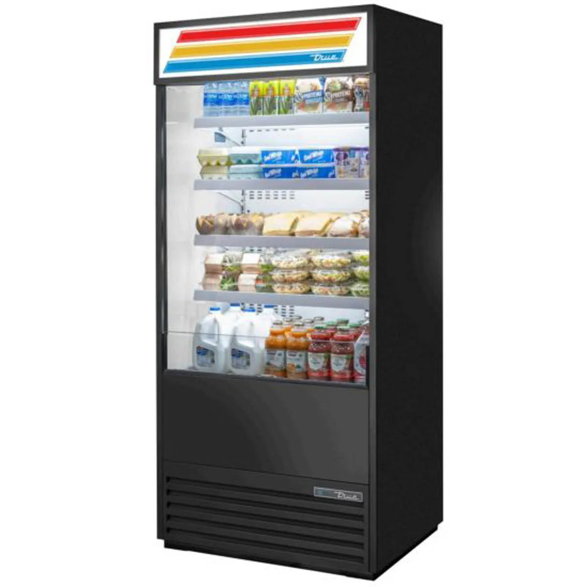 True TOAM-36-HC~TSL01 36" Vertical Air Curtain Merchandiser in Black, Self-Contained, 4 Shelves, Lighted Sing Panel