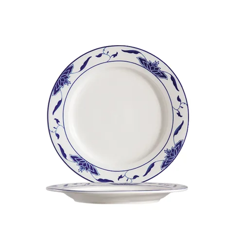 CAC China 103-6 Blue Lotus Plate, 6-1/4" Dia. x 3/4" H, Round, Rolled Edge, Porcelain - Dozen
