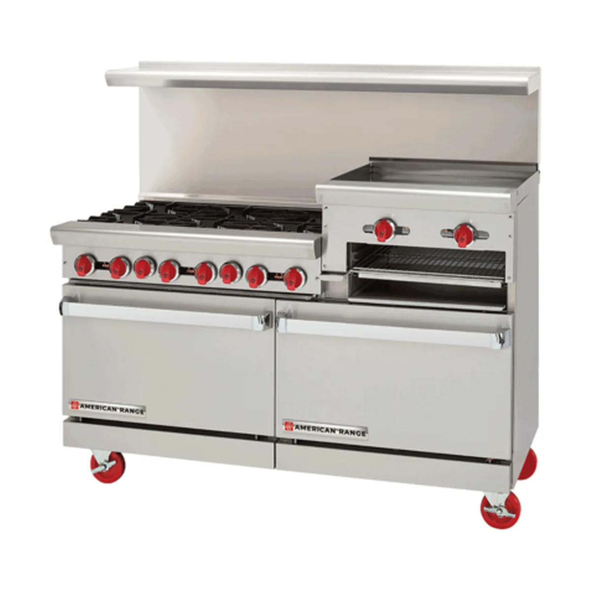 American Range AR-8B-24RG 72" Gas Restaurant Range w/ (8) Open Burners, (1) 24" Raised Griddle/Broiler, (2) Standard Ovens, 366.000 BTU