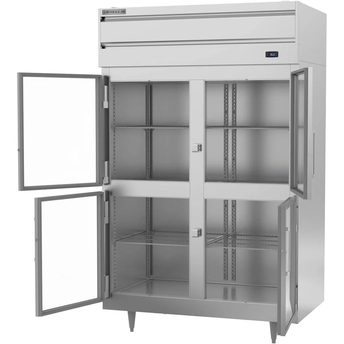 Beverage Air PR2HC-1BHG 52" 2-Section Reach-In Refrigerator w/ 4 Glass Half Doors, Top Mounted, 44.5 cu. ft.