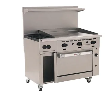Wolf C48S-2B36GT 48" Gas Restaurant Range w/ (2) Open Burners, 36" Griddle Right w/ Thermostatic Controls, (1) Standard Oven, (1) Cabinet Base, 155.000 BTU