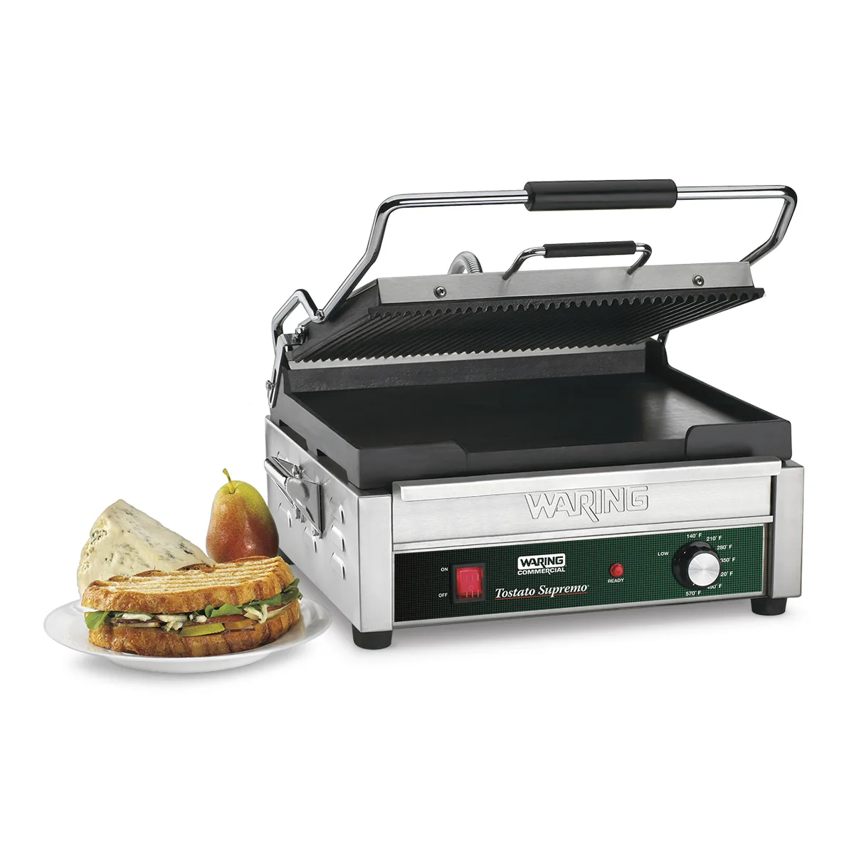 Waring WDG250 Single Cast Iron Sandwich Panini Grill w/ 14.5" x 11" Grooved Plates, 120V
