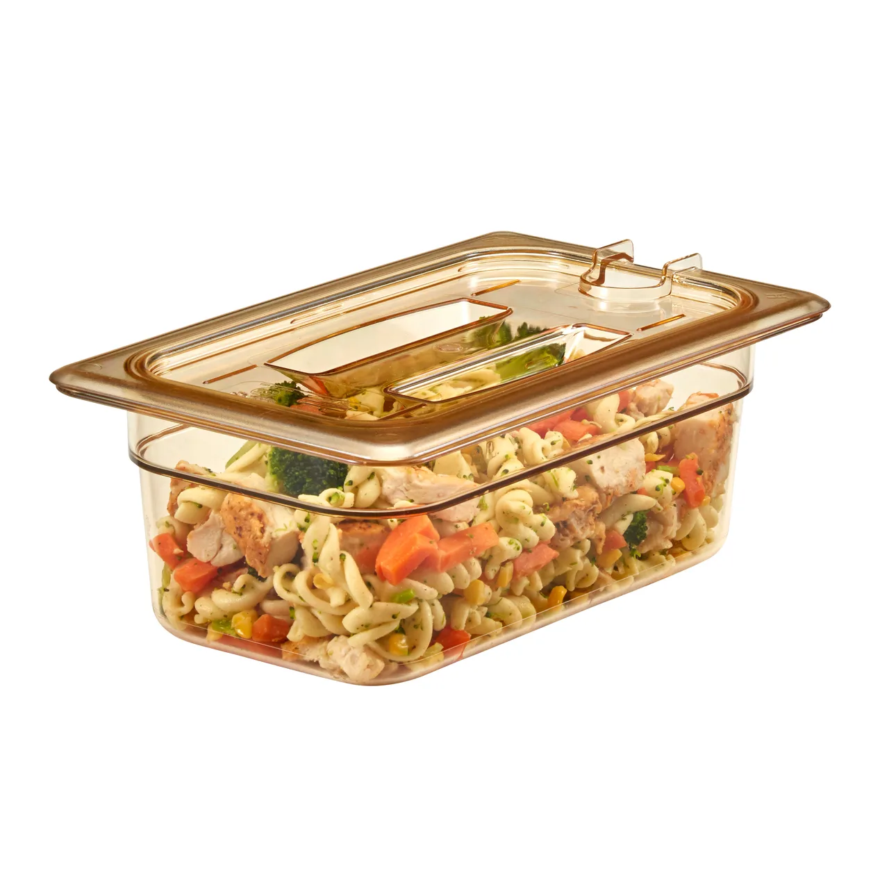 Cambro 40HPCHN150 H‑Pan 1/4‑Size Amber Lid, Handled Spoon‑Notched, Non‑Stick, -40°F‑300°F, NSF