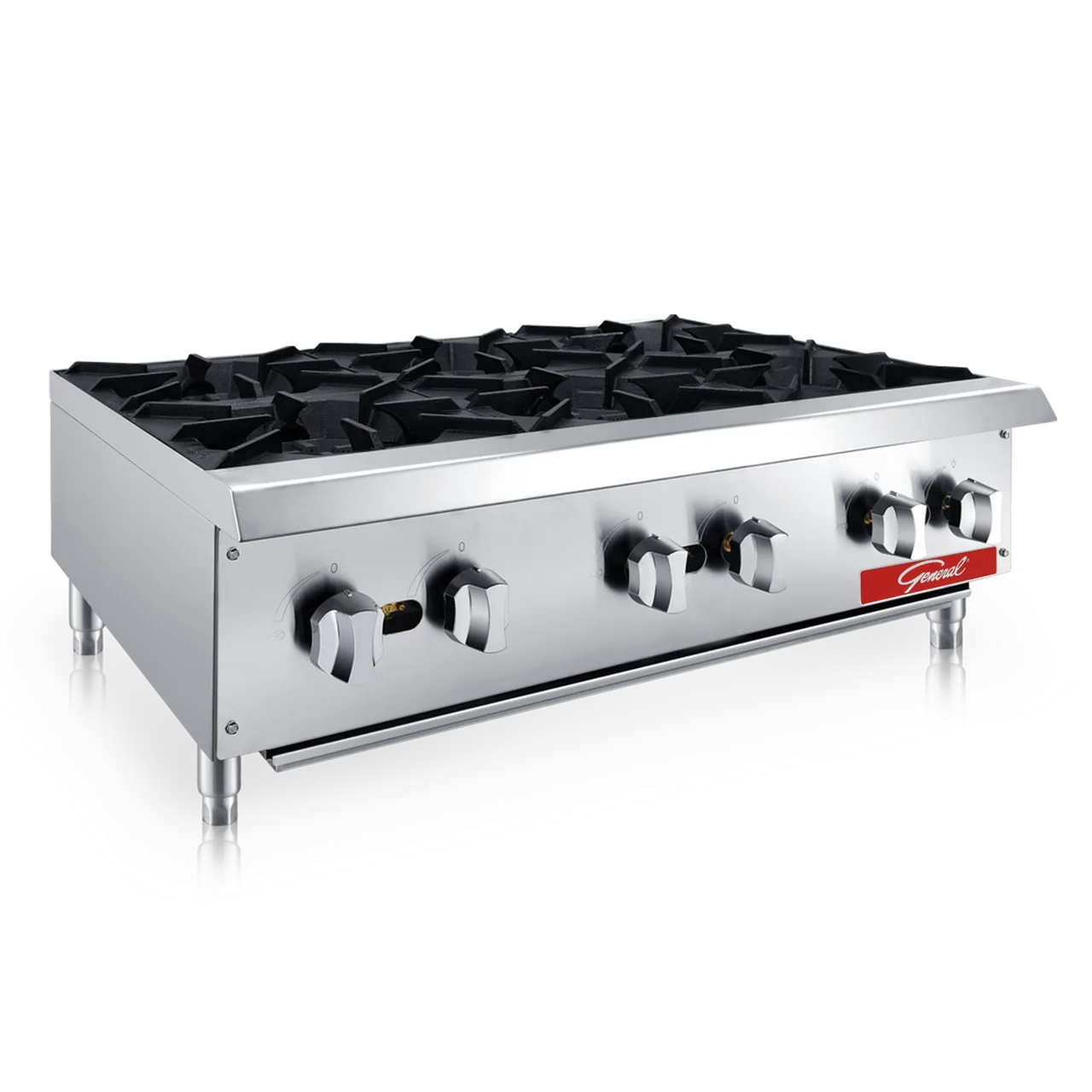 General GCHP-36-6LP 36" Countertop Gas Hotplate with Manual Controls, (6) Cast Iron Burners